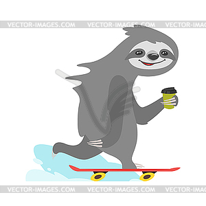 Sloth character riding skateboard - vector clipart / vector image