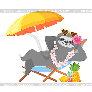 Sloth character resting on beach - vector image