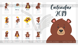 Brown bear grizzly calendar - vector clipart