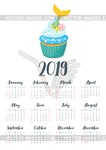 2019 year calendar with cupcake - vector clipart