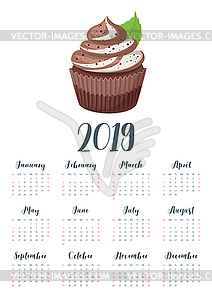 2019 year calendar with cupcake - vector clip art