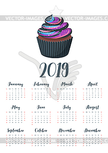 2019 year calendar with cupcake - vector clipart