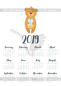 2019 cute teddy bear calendar - royalty-free vector clipart