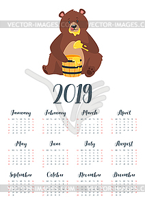 Brown bear grizzly calendar - vector clipart