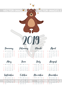 Brown bear grizzly calendar - vector image