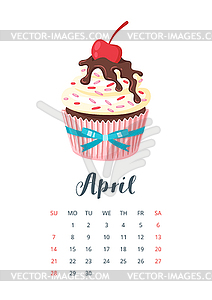 2019 year calendar with cupcake - vector image
