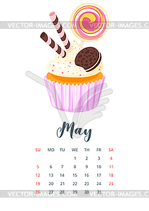 2019 year calendar with cupcake - color vector clipart