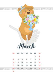 2019 cute teddy bear calendar - vector image