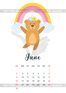 2019 cute teddy bear calendar - vector EPS clipart