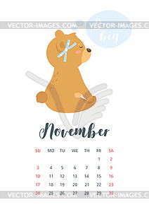 2019 cute teddy bear calendar - vector clipart
