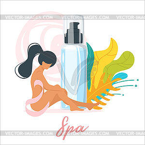 Composition with woman and cosmetics - vector clipart