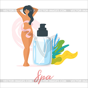 Composition with woman and cosmetics - vector image