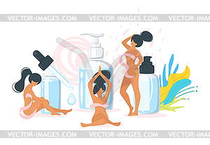 Composition with woman and cosmetics - vector image