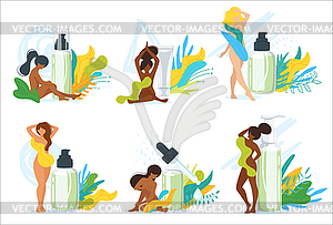 Composition with woman and cosmetics - vector clip art