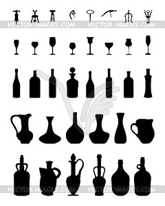 Bowls, bottles, glasses and corkscrew - vector clipart