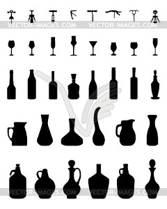 Bowls, bottles, glasses and corkscrew - vector clip art