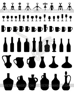 Bowls, bottles, glasses and corkscrew - vector clip art