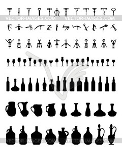 Bowls, bottles, glasses and corkscrew - vector clipart