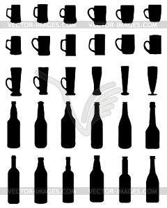 Beer bottles, mugs and glasses - vector image