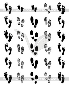 Black prints of shoes and human feet  - vector clipart