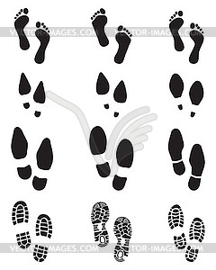 Black prints of human feet and shoes  - vector clip art