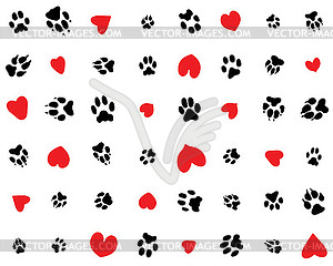 Dogs paws and hearts - vector image