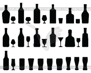 Silhouettes of spirits and beer bottles glasses - vector clipart