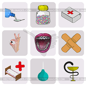 Medicine icons: mouth, pills, capsules, liquid, - vector clip art