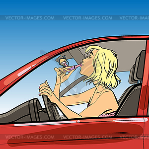 Woman driver paint lipstick - vector clip art