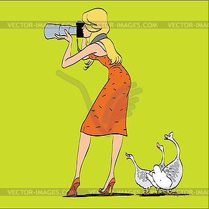 Girl photographer and geese in nature - vector image