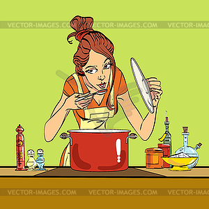 Woman preparing food in kitchen - stock vector clipart