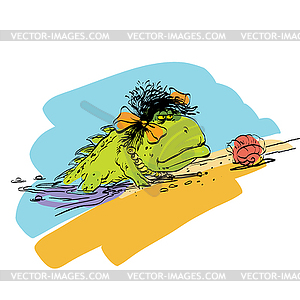 Amphibian crawling out of water onto dry land, - vector clip art