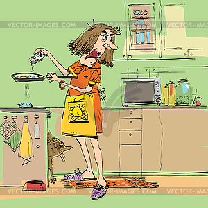 Сердитая женщина приготовления пищи на кухне - рисунок в векторе