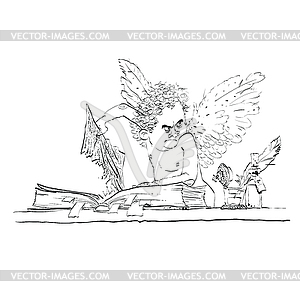 Angel bureaucrat pulls out page of book - vector clip art