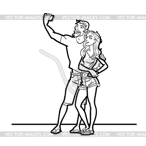 Пара мужчина и женщина селфи телефон - векторное изображение клипарта