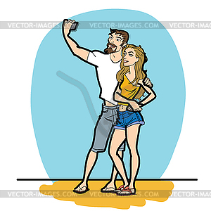 Couple man and woman selfie phone - vector image