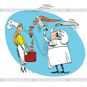 Chef cuts vegetables cooks food - color vector clipart