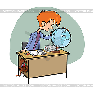 Geography, Student boy looking globe - vector clipart