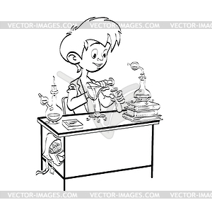 Chemistry, boy schoolboy pours vials - vector clip art