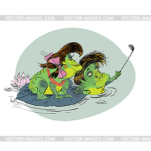 Couple man woman frog selfie - vector clipart