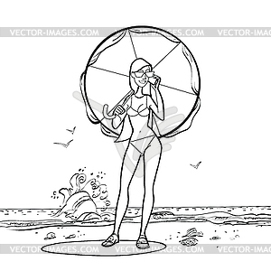 Girl in swimsuit by sea with sun umbrella - white & black vector clipart