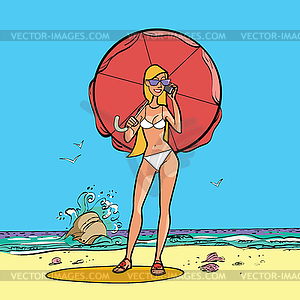 Girl in swimsuit by sea with sun umbrella - vector image