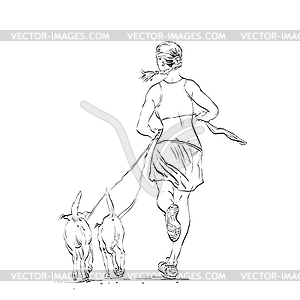 Sporty woman runner with dogs - vector clipart