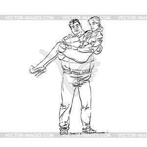 Fat rich guy with young girlfriend on his hands - vector clipart