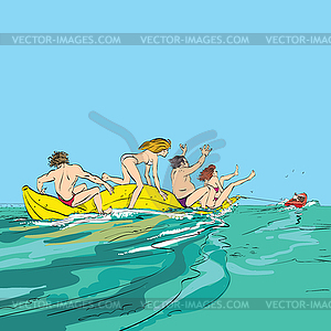 Happy people having fun on banana boat - vector clip art