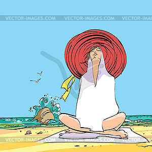 Young woman resting on beach in storm - vector clip art