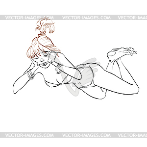 Young woman in swimsuit lying and looking down - vector clip art