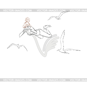 Young woman in swimsuit soars with seagulls - vector image