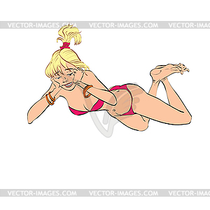 Young woman in swimsuit lying and looking down - vector clipart