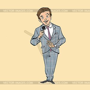 Broadcaster, journalist or singer with microphone - vector clip art